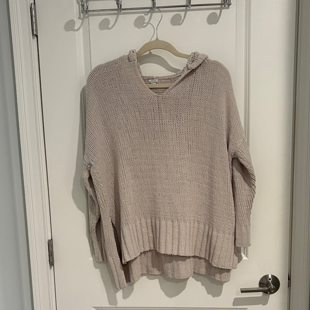 Aerie Taupe V-Neck Hooded Sweater